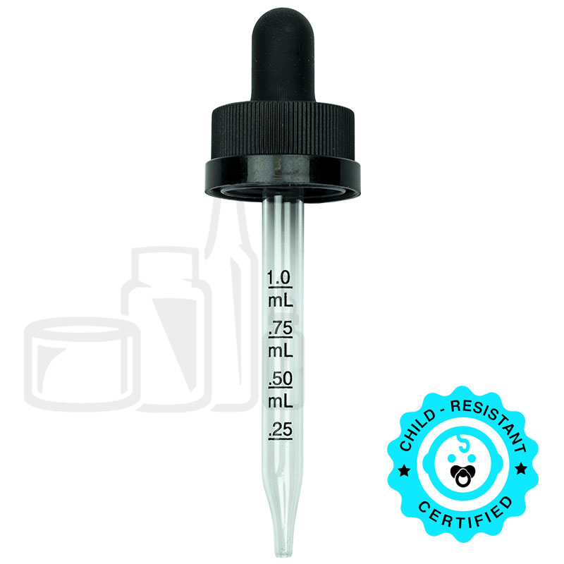 CRC (Child Resistant Closure) Dropper - Black with Measurement Markings on Pipette - 77mm 18-400(1400/case)